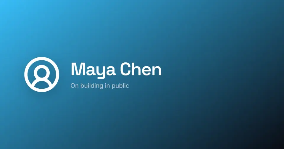 A portrait mark with a name, "Maya Chen", and a role line on a sky-blue gradient - the portrait-plus-name frame.