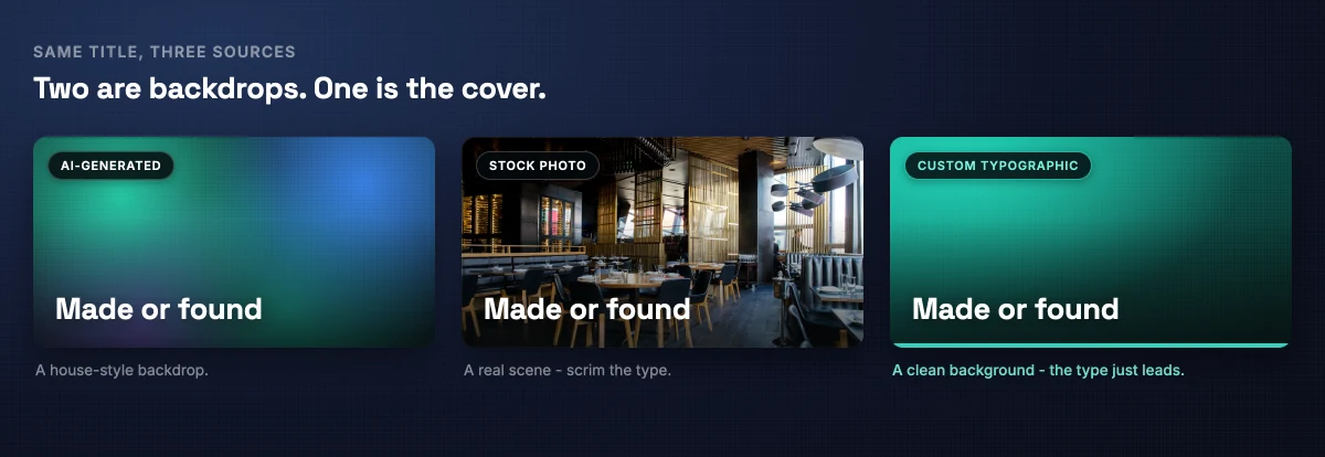 The same title, Made or found, on three covers. An AI-generated gradient mesh and a stock photo of a cafe both work as backdrops under the type; a custom typographic cover on a textured green surface is marked the winner, with the note that type is the cover.