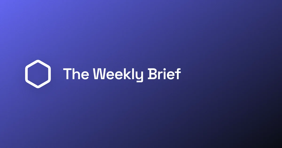 A hexagon mark beside "The Weekly Brief" on an indigo gradient - the repeating-motif frame for a series.
