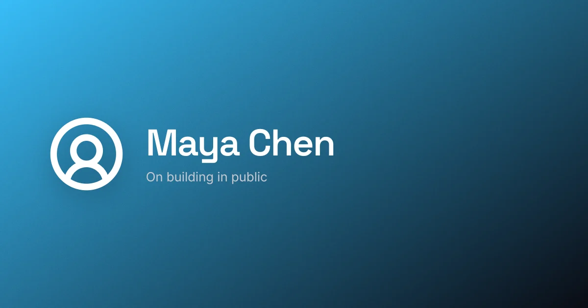 A portrait mark with a name, "Maya Chen", and a role line on a sky-blue gradient - the portrait-plus-name frame.
