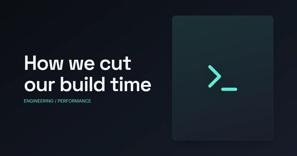 A deep charcoal split cover: How we cut our build time set left in a heavy sans over an engineering kicker, with a terminal icon in a teal accent panel on the right - the type-and-texture move for tech.