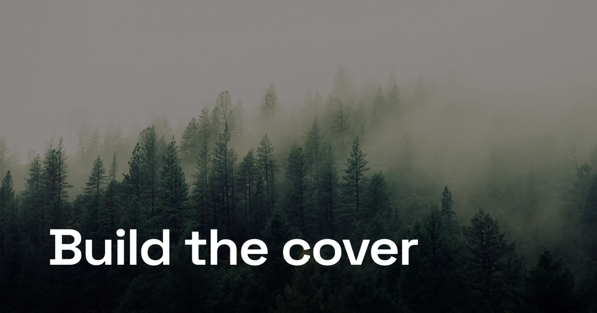 The same misty-forest photo cropped with a dark scrim and the bold white headline Build the cover, now reading as a finished cover.
